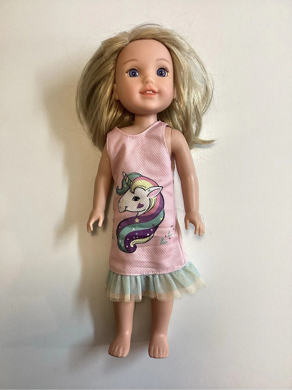 American Girl Willie Wishers Camile Doll Blonde Hair Blue Eyes Pink Unicorn Dres